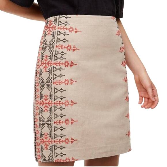 Ann Taylor LOFT Dresses & Skirts - Ann Taylor Loft Pencil Skirt Linen Geometric Cross Stitch Pattern Lined Zip Tan